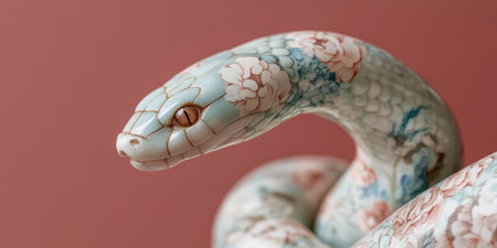 Year of the Snake, Chinese New Year, beautiful jade snake statuette decorated with paintings in the style of Chinese folk pattern, floral painting.の素材