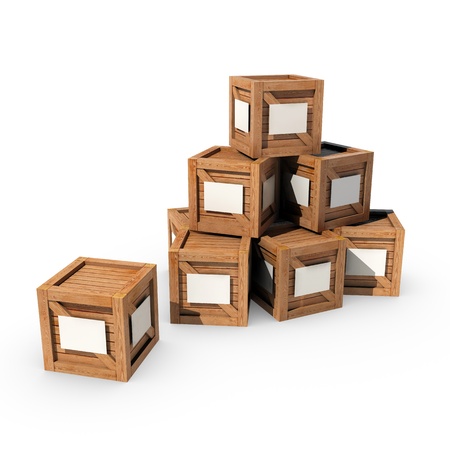 A pile of wooden crates with white labelsの写真素材