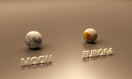 A rendered size comparison of the Jupiter Moon Europa and the Earth Moon with captions.