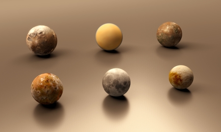 A rendered comparison between the Jupitermoons, the Earth Moon and the Saturn Moon Titan. In order...