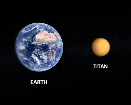 A comparison between the planet Earth and the Saturn Moon Titan on a starry background with english captions.の写真素材