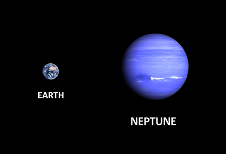 A comparison between the planets Earth and Neptune on a clean black background with english captions.の写真素材