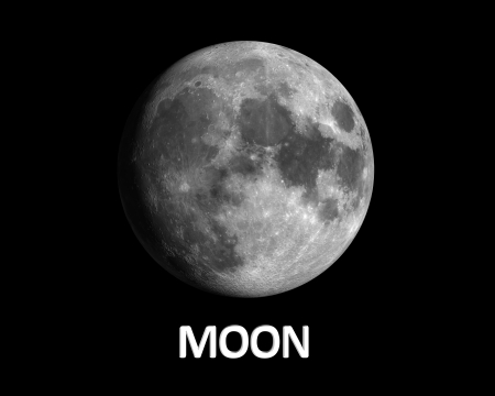 A rendering of our Earth Moon on a clean black background with english caption.の写真素材