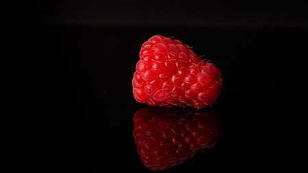 raspberry on black background with reflection on black bottomの写真素材