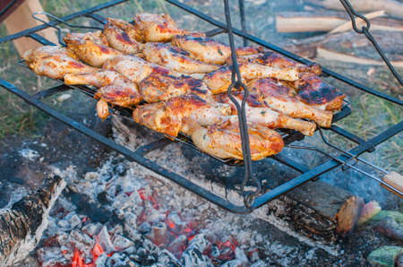 Food outdoors: chicken legs on grill over coalsの写真素材