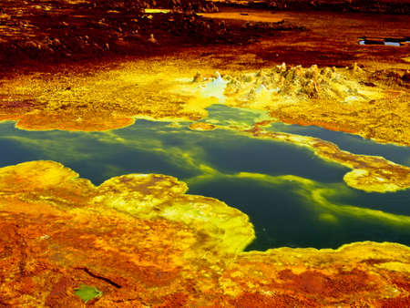 Danakil Depression  landscape of surreal colors and Mars like landscape created by sulphur springs forming bright colors in the hottest place on earth, Dallol, Ethiopia.の写真素材