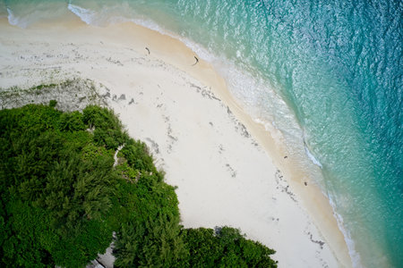 Drone field of view of sea, sand and beach Curieuse Island, Seychelles.