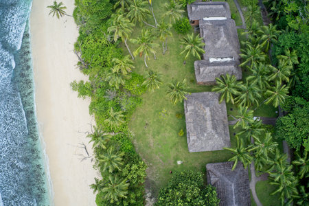 Drone field of view of chalets hidden among forest and waves in Praslin, Seychelles.の写真素材