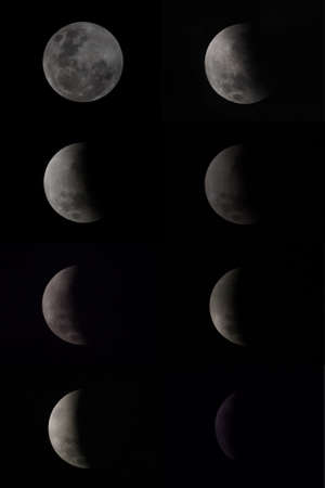 Composite of moon phases during lunar eclipse showing fine detail of lunar surface in Vilcabamba,...