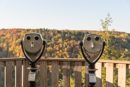 Two coin operated binoculars overlooking a forest sceneの写真素材