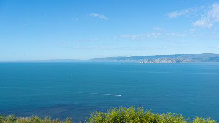 View of Poverty Bay near the town of Gisborne, East Coast, New Zealandの写真素材