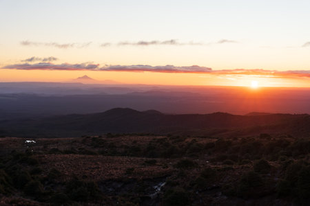 View of Mount Taranaki from Mount Ruapehu at duskの写真素材