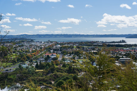 Skyline of the North Island, New Zealand town of Rotoruaの写真素材