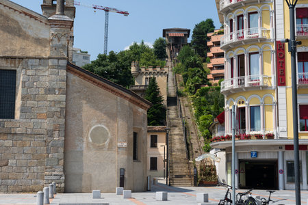 The former Lugano degli Angioli funicular and Angioli staircase in Lugano, Switzerlandの写真素材