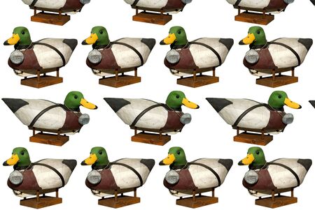 Hand carved Mallard Drake Decoy Ducks isloated over whiteの写真素材