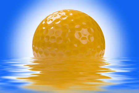 Golf ball with water reflection isolated over a blue gradient backgroundの写真素材
