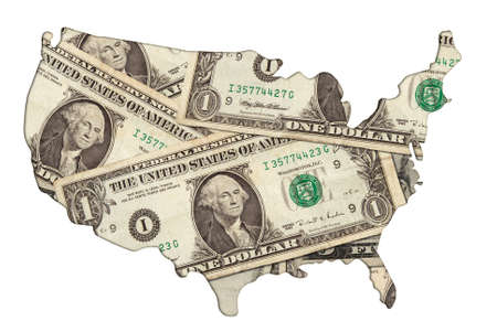 An photo illustration of the US with money over a white backgroundの写真素材