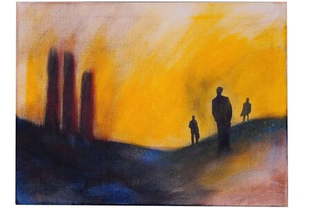 This is a painting of a surreal scene on a hilly landscape.の写真素材