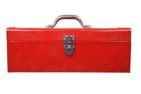 Old used red toolbox over a white backgroundの写真素材