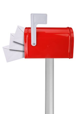 A standard red mailbox with a white flag and envelopes over a white backgroundの写真素材