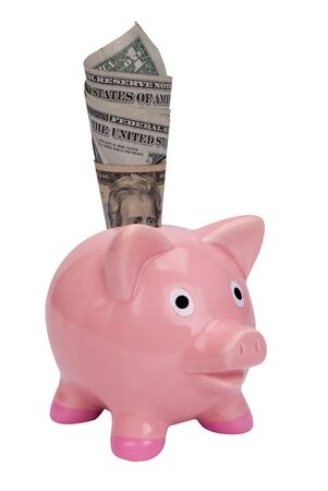 Pink piggy bank with money isolated over white の写真素材