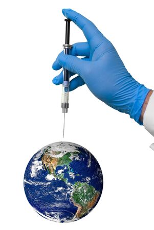 Hand with a syringe over the Earth isolated over a white backgroundの写真素材