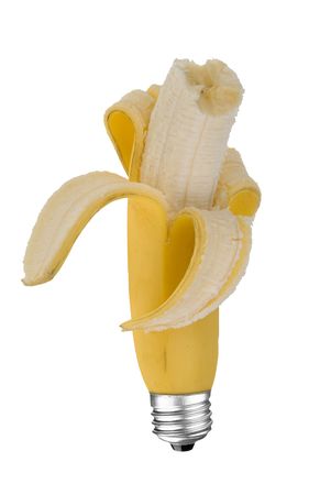 Peeled Banana lightbulb with bite isolated over a white background with a clipping pathの写真素材