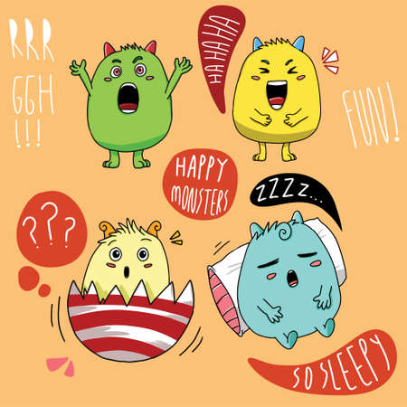 A collection of diverse cute monsters. Colorful funny and cute monstersのイラスト素材