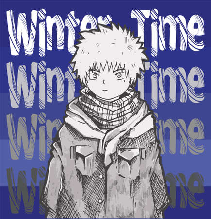 Winter time. A boy who are standing alone in his jacket and scarf with blue background. An original character with manga and anime style.のイラスト素材