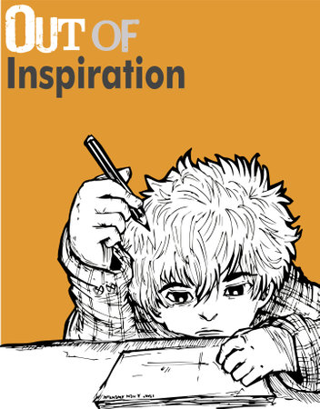 A boy who is sitting on his chair and trying to draw something on his blank paper. vector illustration of an original character with manga style.のイラスト素材