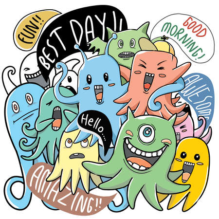 A doodle of a bunch of monsters who are smiling to peopleのイラスト素材