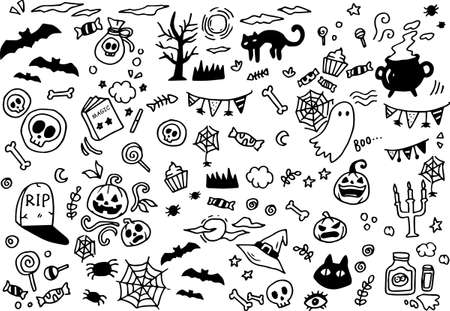 Set of halloween doodle. Objects and symbols on the Halloween theme. Vector illustrationのイラスト素材
