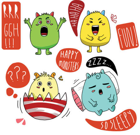 A collection of diverse cute monsters with white backgroundのイラスト素材