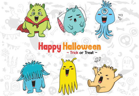 Set of cute monsters character. vector illustration for Halloween day celebration, invitation card, poster, backgroundのイラスト素材