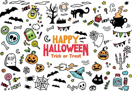 Set of colorful halloween doodle. Objects and symbols on the Halloween theme. Vector illustrationのイラスト素材