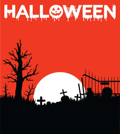 Halloween background with spooky graveyard silhouette and copy space area. Suitable for poster, backgrund, card, etcのイラスト素材