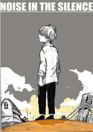 Noise in the silence. A man standing alone in a quiet place. An original character with manga and anime styleの写真素材