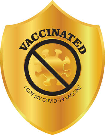Golden shield of vaccinated badge or stamp. vector illustration for vaccination campaign badgeのイラスト素材
