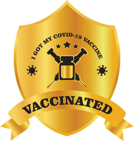 Golden shield of vaccinated stamp or badge. vector illustration that suitable for vaccination campaign badgeのイラスト素材