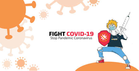 A hero who fights Covid-19 cells using a mask, syringe, and shield. Creative background with copy space area. Suitable for dekstop background, poster, banner, etc for campaign against Covid-19. An oriのイラスト素材