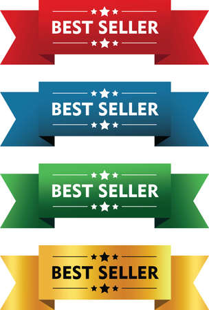 Set of Ribbon Best Seller labels with four different gradient colours, red, blue, green, and gold. Suitable for business purposeのイラスト素材