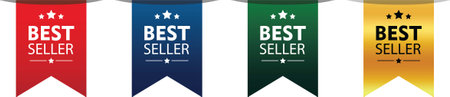 Set of Best Seller labels in the form of ribbon with four different gradient colours, red, blue, green, and gold. Suitable for business purposeのイラスト素材