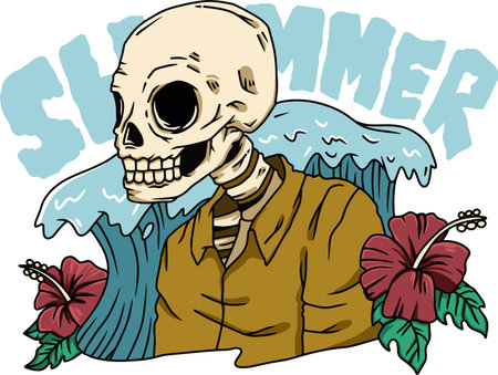 Vector illustration of skeleton chilling out on summer day. Suitable for t-shirt design, book cover, sticker, poster, etcのイラスト素材