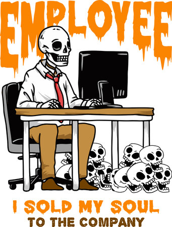 Vector illustration of an employee skull working in front of computer at the officeのイラスト素材