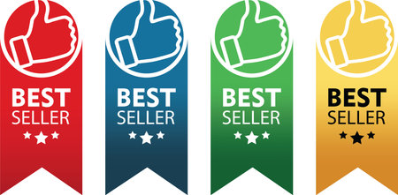 Best seller label with thumbs up signs in gold, red, green, and blue colors. Vector illustration for business purposeのイラスト素材