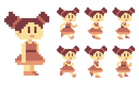 Set of 8-bit pixel art girl characters run animation vectorのイラスト素材