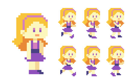 Set of 8-bit pixel art girls in different poses and attitudesのイラスト素材