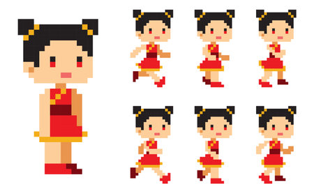 Set of pixelated chinese girl character run animation. 8 bit Vector illustration.のイラスト素材