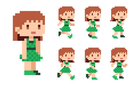 Set of pixel art 8 bit girl characters isolated on white background.のイラスト素材