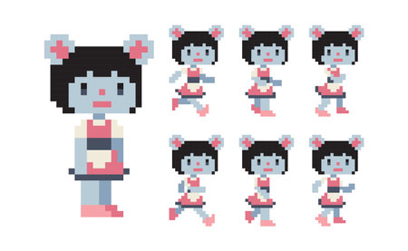 Set of 8-bit pixel art rat girl characters in different poses. Run animation.のイラスト素材